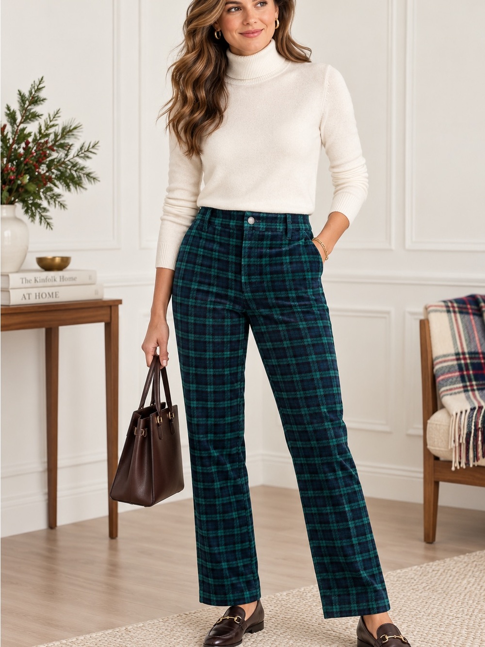 NWT Talbots Straight Leg Velveteen Pants Womens 6 Green Navy Plaid High Waist